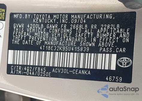 2005 Toyota Camry Le from USA, damaged, VIN 4T1BE32K95U415839